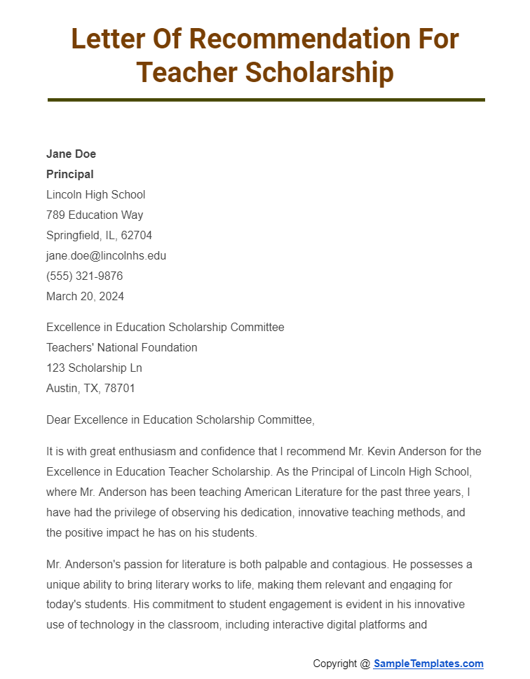 letter of recommendation for teacher scholarship