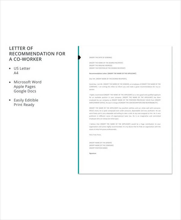 letter template of recommendation for a co worker