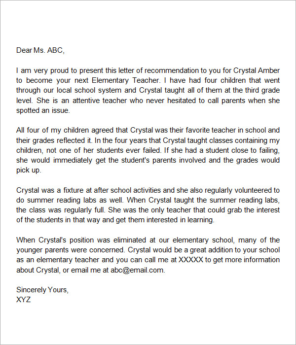 letter of recommendation elementary teacher