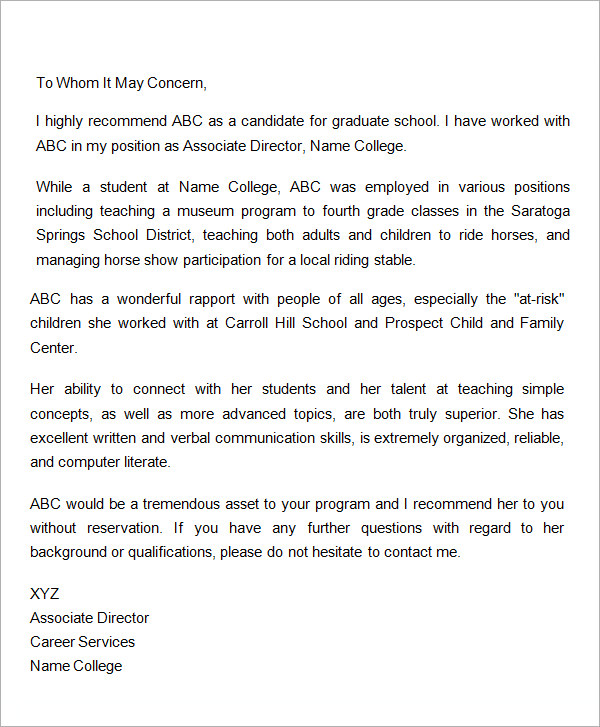 letter of recommendation for graduate school from employer