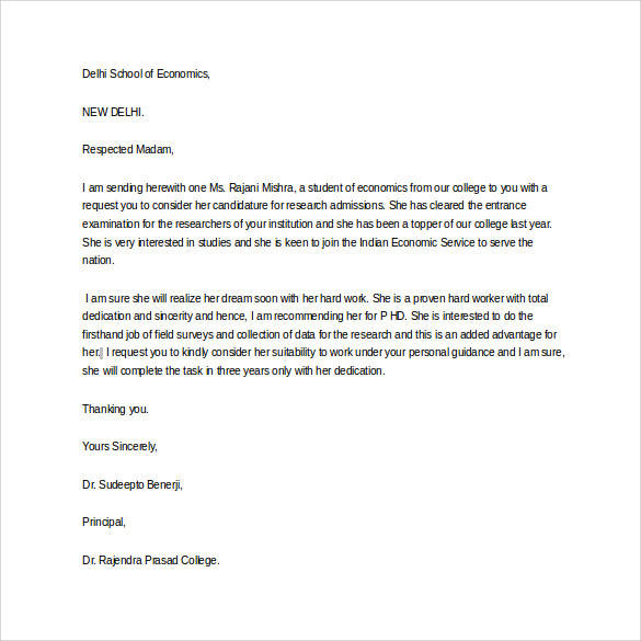 recommendation letter sample for phd student