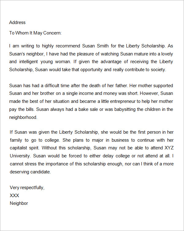 letter of recommendation for scholarship from friend