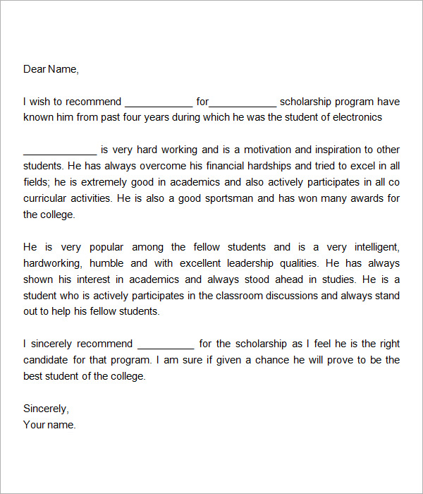 Sample Letter Of Recommendation For Scholarship From Pastor Classles 