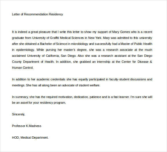 letter of recommendation for student residency