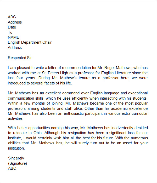 letter of recommendation for teacher colleague