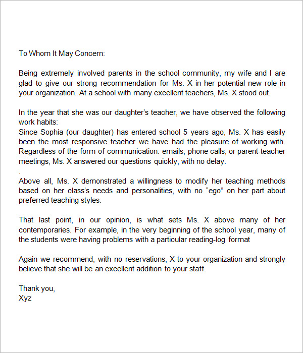 Teacher Assistant Recommendation Letter