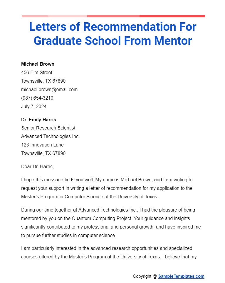 letters of recommendation for graduate school from mentor