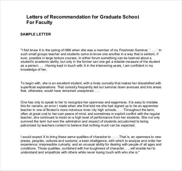 letters of recommendation for graduate school for faculty