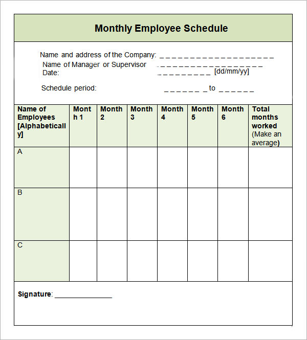 Printable Monthly Work Schedule Template