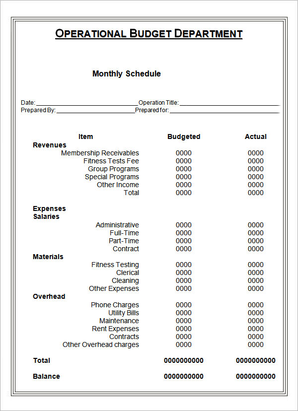 operational budget department monthly schedule template2