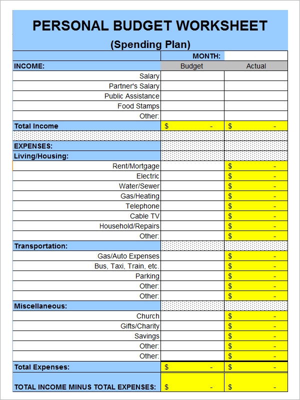 sample budget for 1 person