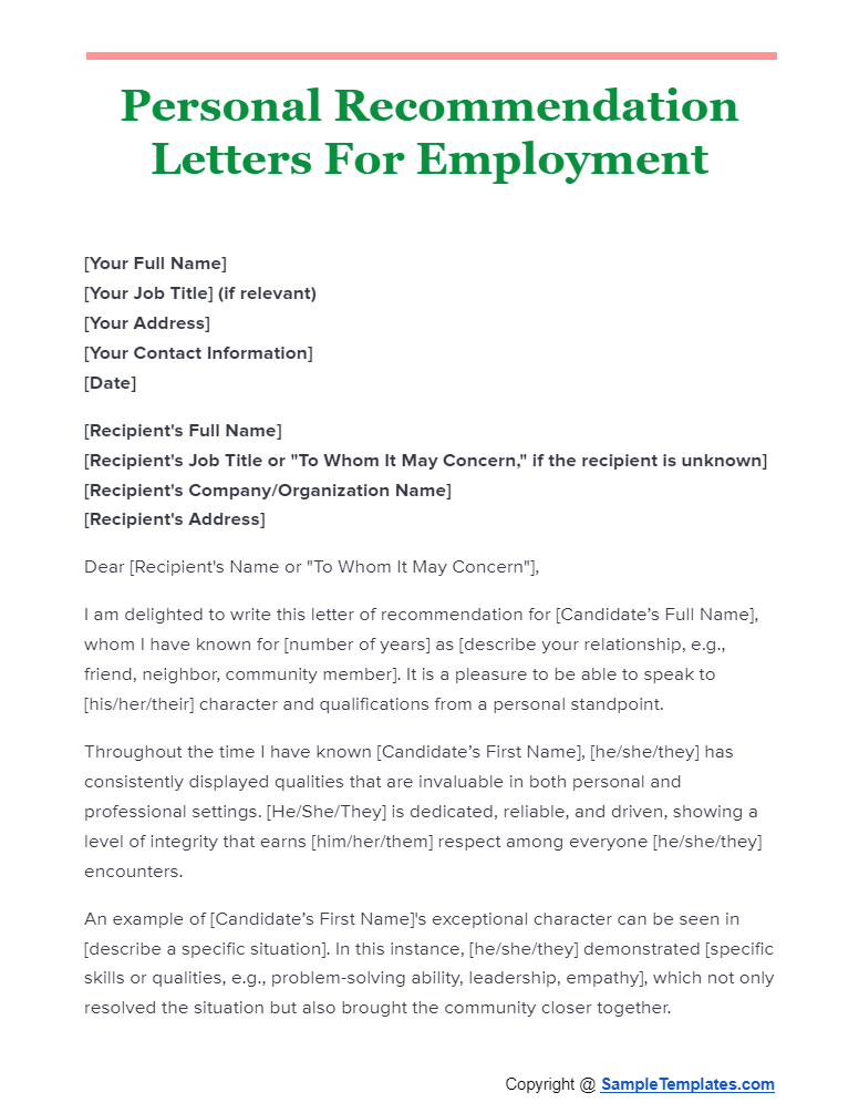 personal recommendation letters for employment