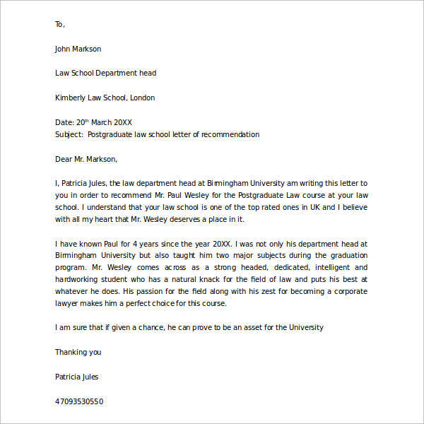 postgraduate letter of recommendation