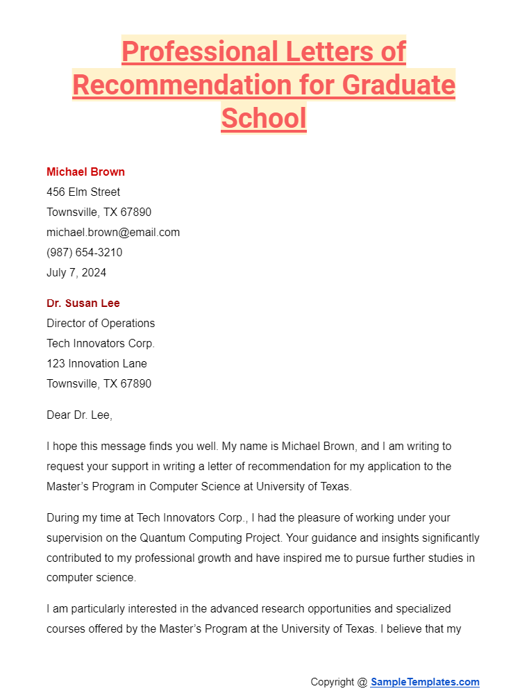 professional letters of recommendation for graduate school