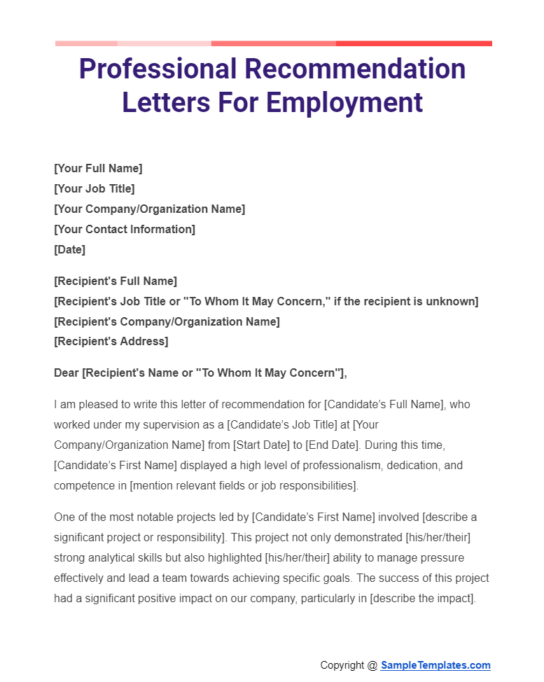 professional recommendation letters for employment