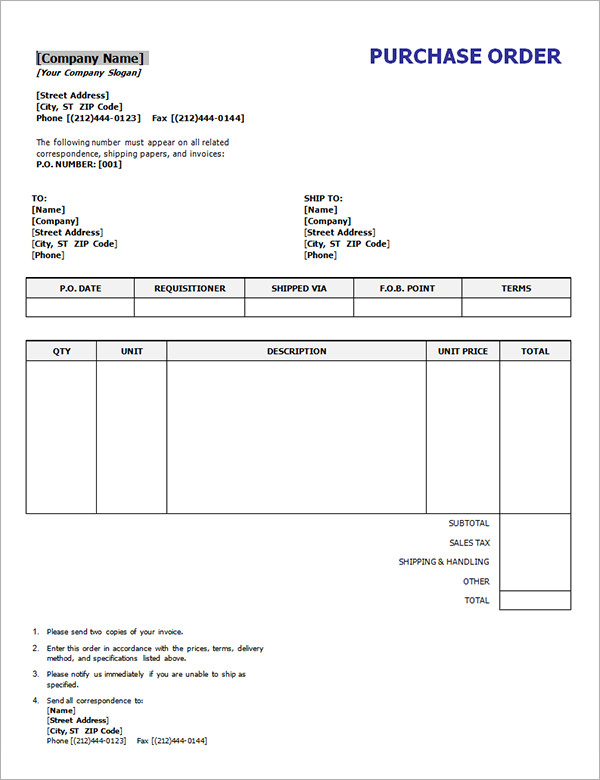 Purchase Order Form Template Word