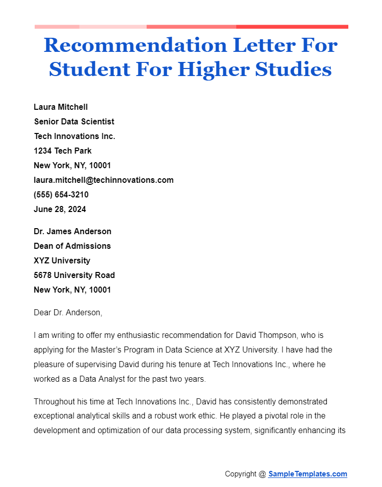 recommendation letter for student for higher studies