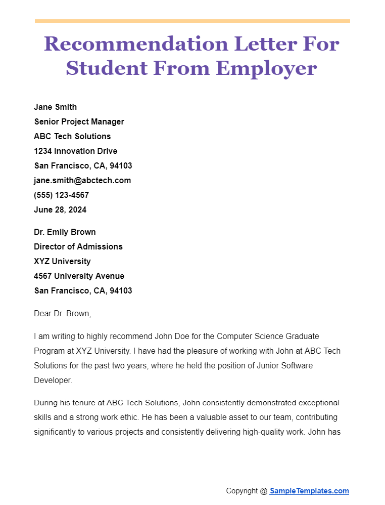 recommendation letter for student from employer