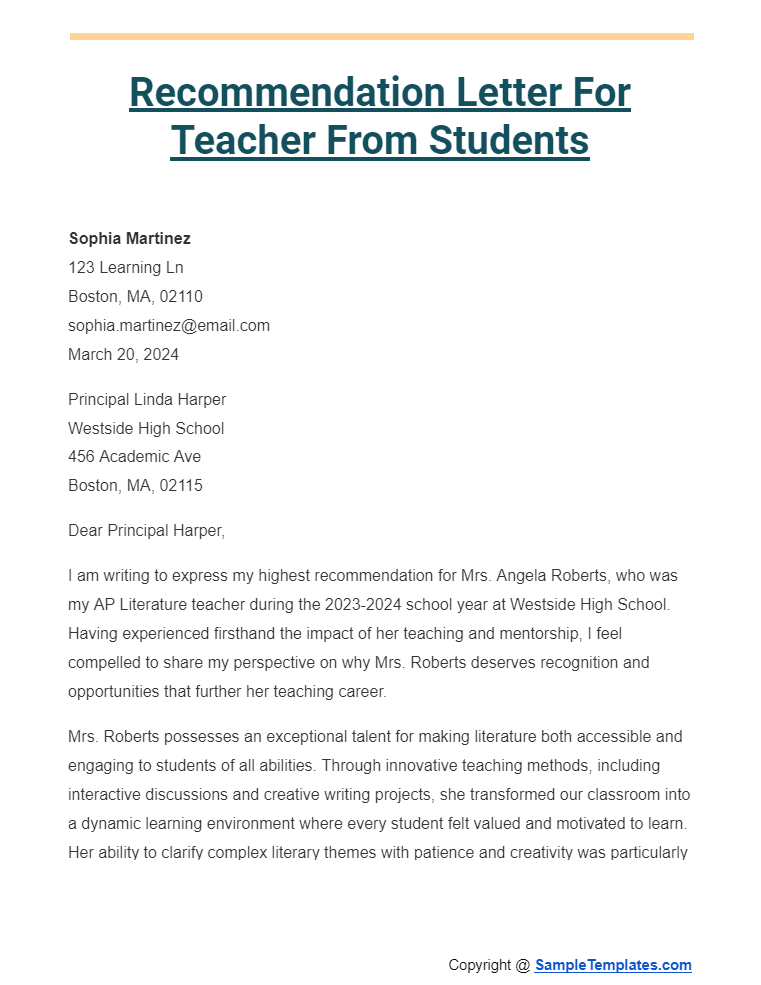 recommendation letter for teacher from students