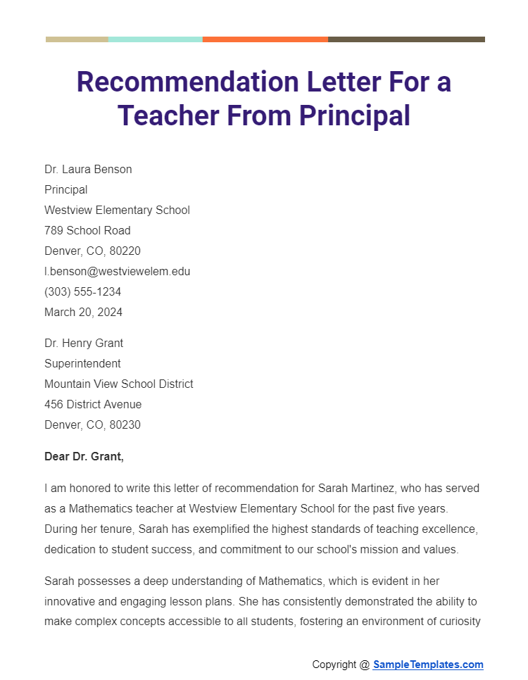 recommendation letter for a teacher from principal
