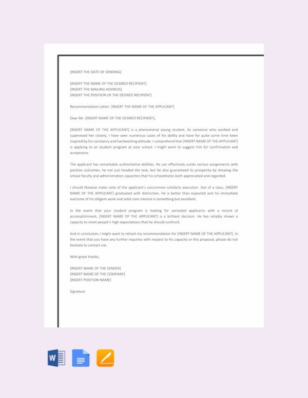 recommendation letter template for student