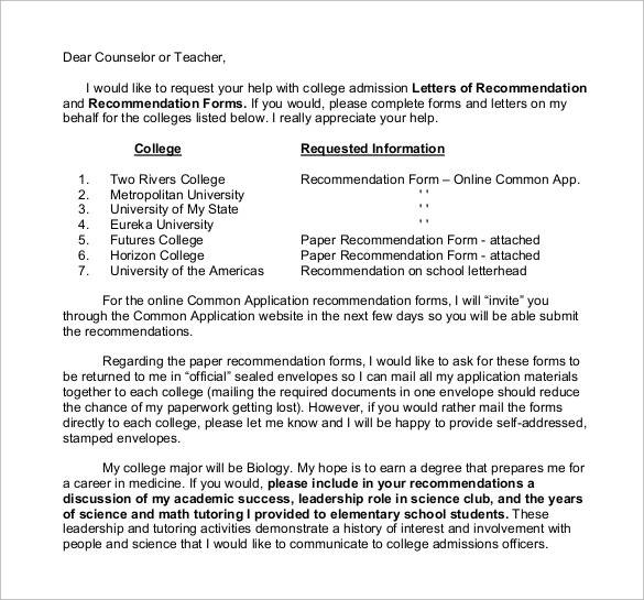 recommendation letter for college admission
