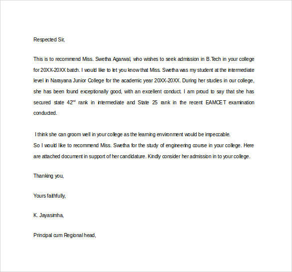 recommendation letter for engineering student