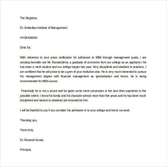 recommendation letter for mba student