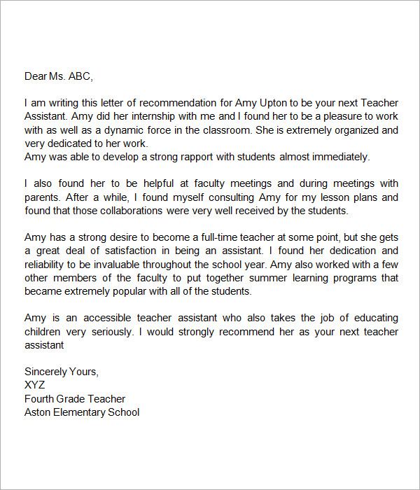 Assistant teacher recommendation letter   sample letters