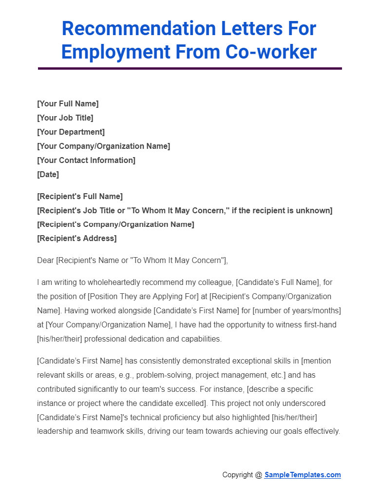 recommendation letters for employment from co worker