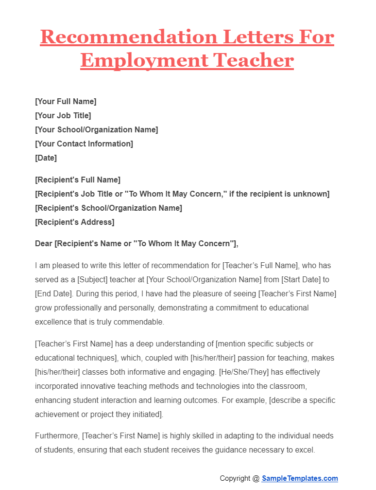 recommendation letters for employment teacher