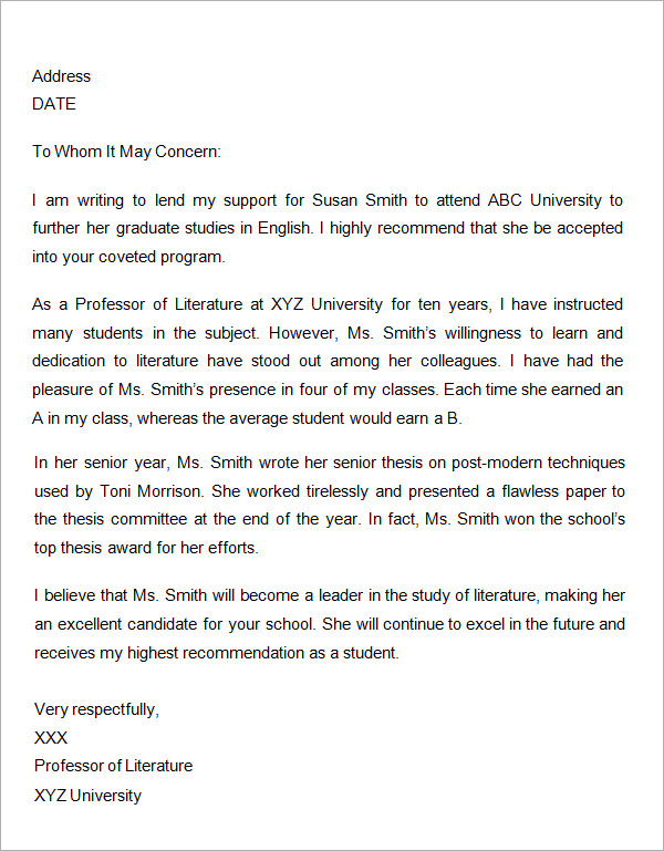 sample letter of recommendation for graduate school from professor