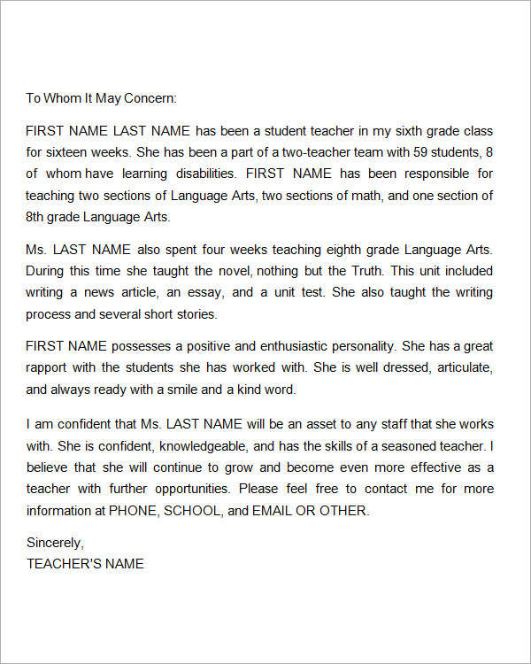 18 Letter Of Recommendation For Teacher Samples PDF DOC Sample 