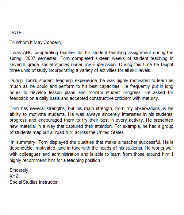 Free Letter Of Recommendation For Teacher Samples In Pdf Ms Word