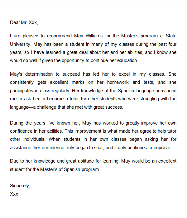 Letter Of Recommendation Template For Masters