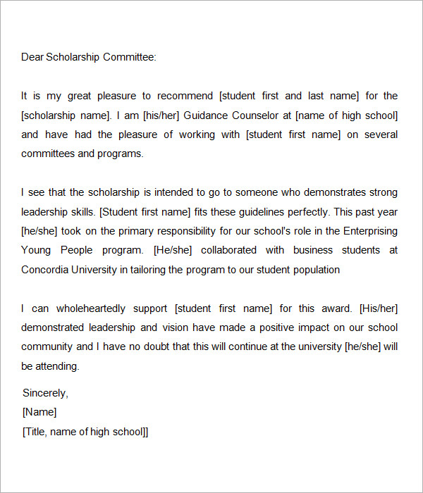 scholarship recommendation letter from guidance counselor