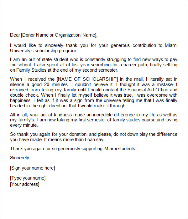 scholarship thank you letter template