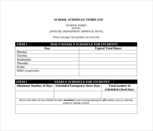 school weekly schedule template