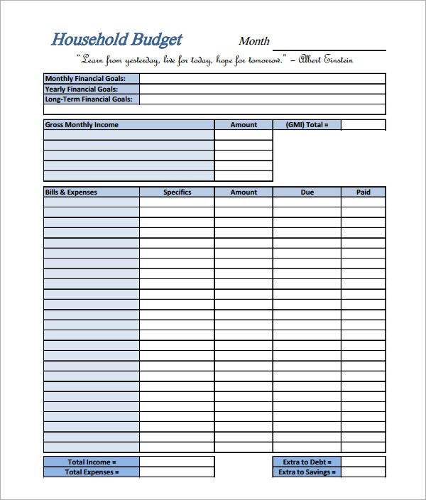 simple household budget template