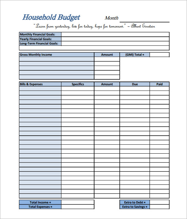 printable household budget template