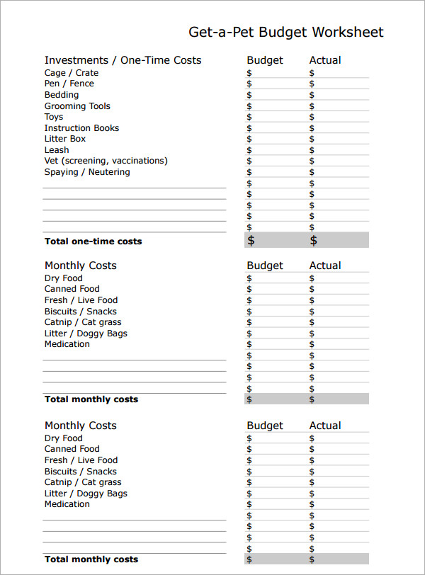 simple pet budget worksheet template