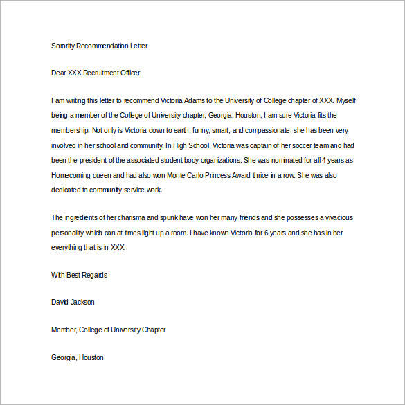 sorority recommendation letter for student