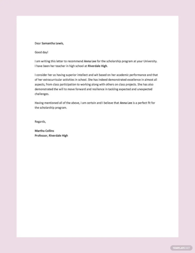 student scholarship recommendation letter template
