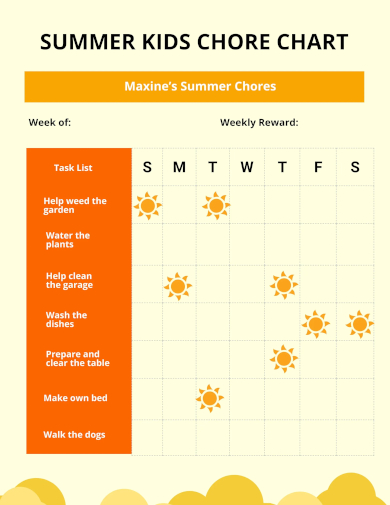 summer kids chore chart