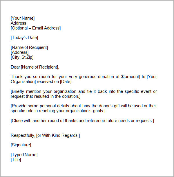 Letter Of Appreciation For Donation Template