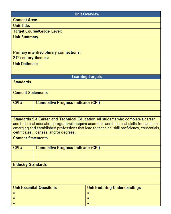 FREE 11+ Sample Unit Plan Templates in PDF | MS Word