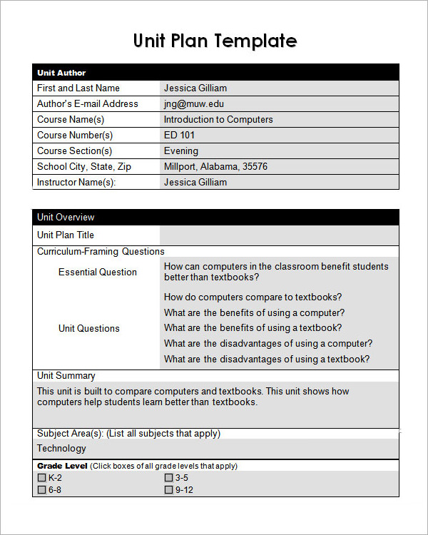 12 Sample Unit Plan Templates to Download for Free | Sample Templates