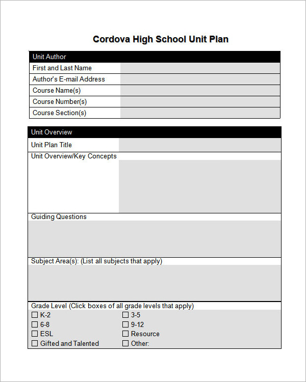 FREE 11 Sample Unit Plan Templates In PDF MS Word