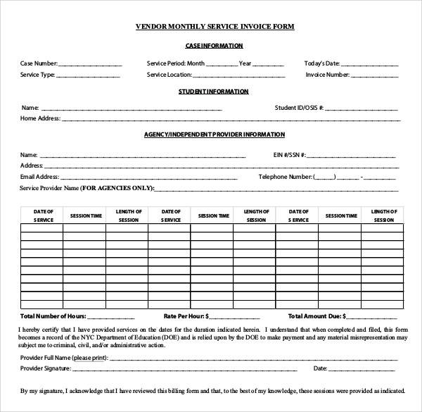 vendor monthly service invoice form