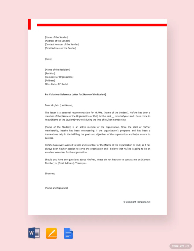 volunteer reference letter for student template